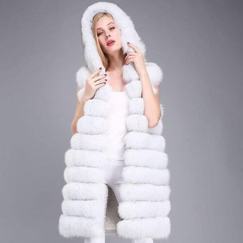 Delightful White Hooded Fur Vest Women Natural Fox Fur Gilet Real Fur Coat Autumn Winter Long Style Waistcoat