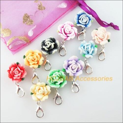 10 New Rose With Clasps Charms Silver Plated Clay Mixed