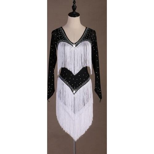 2019 Women Black Shining Rhinestones White Tassel Sexy Latin Dance Dress Latin Competition Dancing Dresses Dance Team Costume