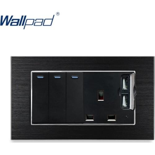 3 Gang 2 Way Switch With 3 Pin UK Socket 2 USB Charger Wallpad Luxury Wall Outlet Satin Metal Panel 146*86mm 5V 2400MA