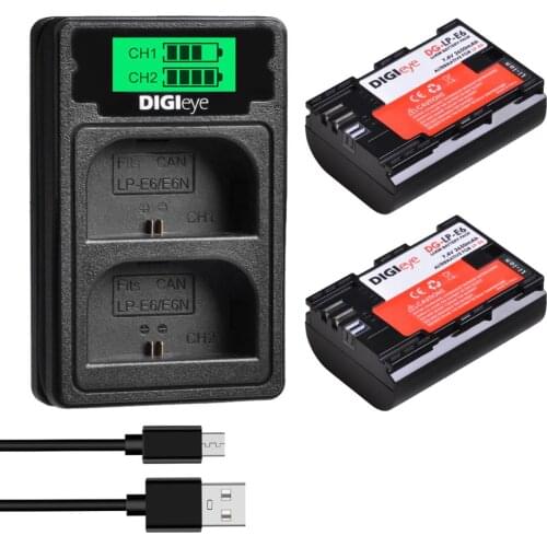 2Pcs LP-E6 LP-E6N Battery + LCD Dual Charger with Type C for Canon EOS 6D 7D 5D Mark II III IV 5D 60D 60Da 70D 80D 5DS 5DSR