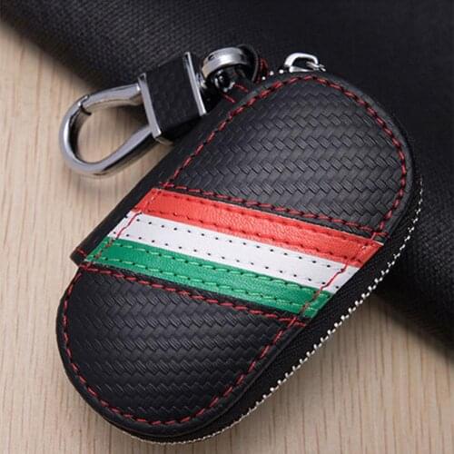 Carbon Fiber Leather Keychain Men Women Key Holder Organizer Flag Striped Multifunctional Car Key Case Wallet Mini Card Key Bag