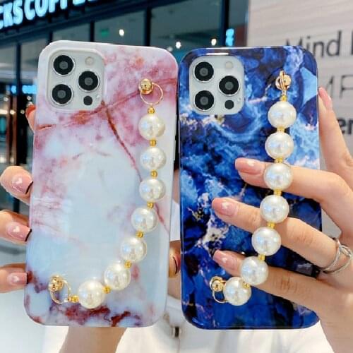 Colorful Marble Phone Case For iPhone 11 12 Pro X XR XS Max SE2 7 8Plus Pearl Bracelet Wristband Wrist Chain Soft IMD Back Cover