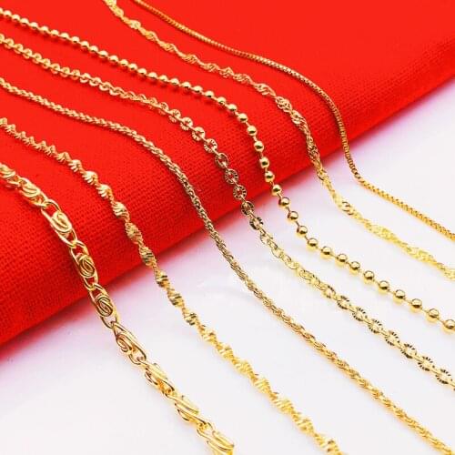 DIWENFU 14K Yellow Gold Water Wave 45Cm Chain Necklace Clavicle O-Shape Car Flower Flower Round Bead Chain Bijoux Femme Necklace