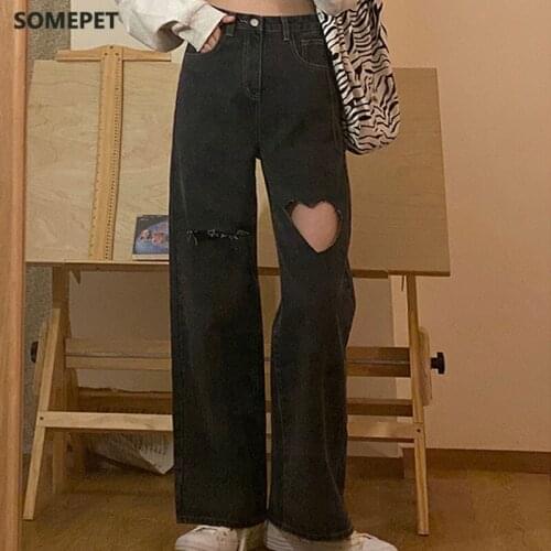 Streetwear Heart shaped hole jeans for women high waist mom jeans vintage Black denim pants Full Length trouser Harajuku