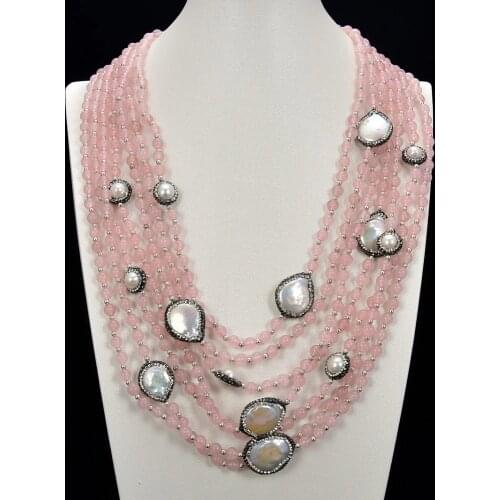 GuaiGuai Jewelry Natural Pearl 7Strands White Coin Pearl Rose Quartz CZ Necklace