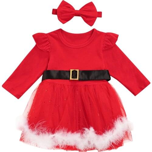 Infant Kids Baby Girls Clothes Set, Long Sleeve O-neck Midi Tulle Dress with Waistband+Bow-knot Headband 6M-4T