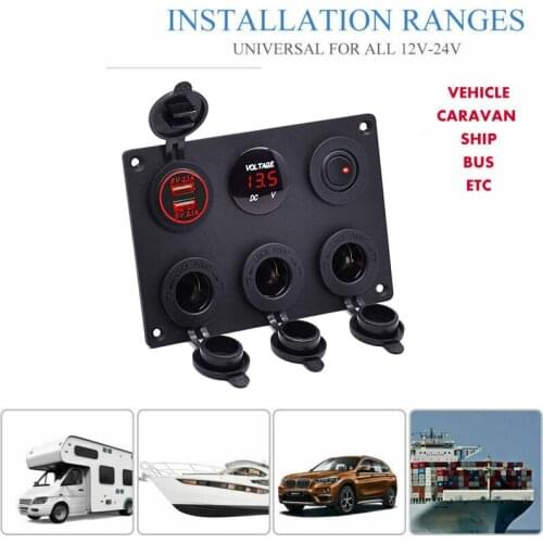 12-24V Car Ship RV Multi-function Switch Panel Belt ON-OFF Toggle Switch Control Panel 2 USB Charger Red LED Car Marine Boat