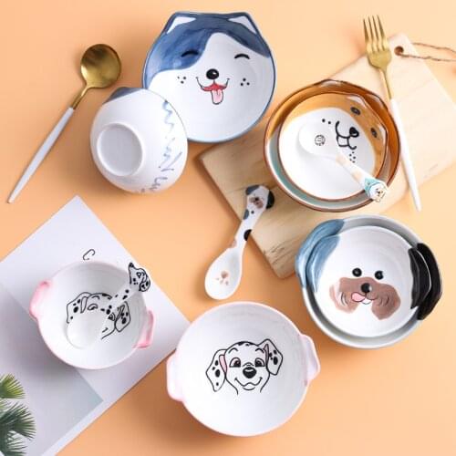 Cartoon Ceramics Bowl Creative Exquisite Funny Husky Pattern Spoon Plates Dinnerware Home Practical Decoration Tableware Sets