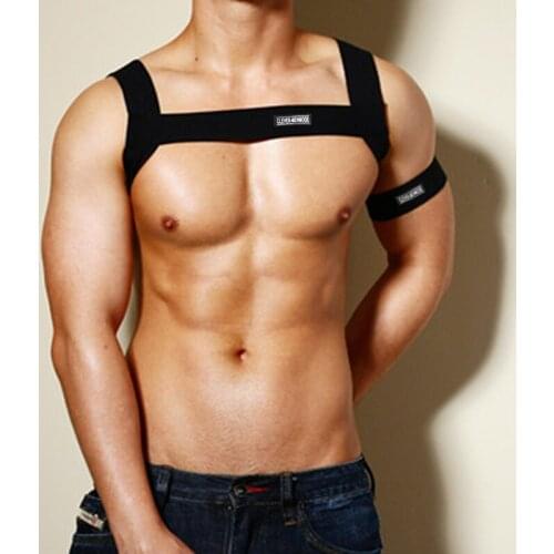 Mens Lingrie Adjustable Male Body Chest Harness Belt Bondage Elastic Shoulder Muscle Support Brace Night Performance Arm Band