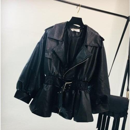 New Pocket Single Buckle Long Sleeve Slim Waist Belts PU Leather Jacket Clothing 2019 Autumn Winter Coat