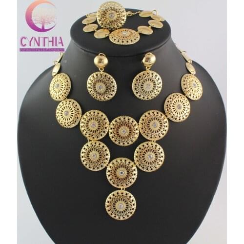 Wholesale&Retail Dubai African Chunky Golden gold Crystal Necklace Bracelet Earring Ring Jewelry Sets WB-1100