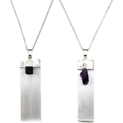 Natural Crystal Quartz Plaster Pendant Column Silvertone Color Plated Pillar Shape White Clear Stone Pendant Necklace for Women