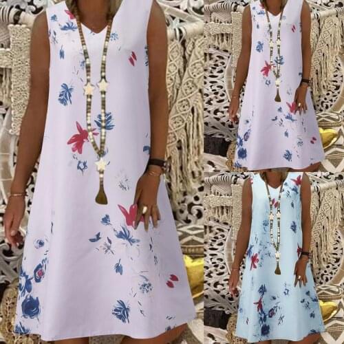New Womens Fashion Dresses Summer Neckline Sleeveless Vintage Floral Print Female Dress A-line Holiday Beach Dress Sundress