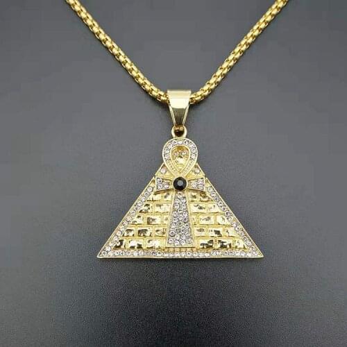 HIP Hop Bling Iced Out Anka Life Sign Pendants Gold Color Triangle Stainless Steel Pyramid Necklaces for Men Jewelry