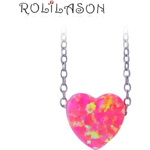 ROLLASON 925 sterling silver necklace pendant party design Heart-shaped pink fire opal for women OPS742