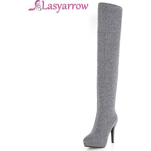 Lasyarrow Sexy Super Thin High Heel Boots Fashion Platform Over The Knee Thigh Boots Solid Nightclub Women Shoes Black Red F219