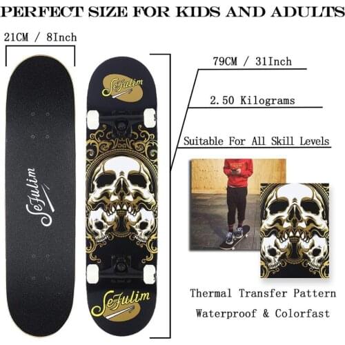 Sefulim 31"x8" Complete Skull Skateboards Outdoor Street Concave Skateboard Gifts Double Kick Penny Skateboard for Boys Beginner