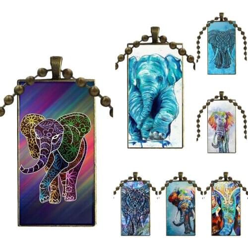 Glass Pendant Necklace Handmade Half Pendant Rectangle Necklace For Women Cute Baby Elephant In Purple Blue