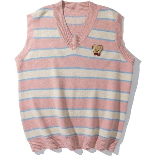 LACIBLE Harajuku Streetwear Sweater Pullover Vest Men Vintage Striped Bear Patch Sleeveless Waistcoat Loose Casual Tank Tops