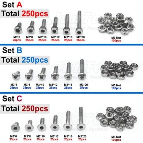 High-quality 250pcs M3 A2 Stainless Steel Screws Allen Bolts Hex Button Flat Socket Head Cap Screws With Nuts Set Assortment