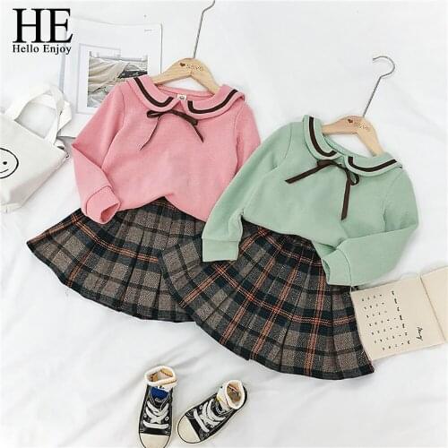 HE Hello Enjoy 2019 Baby Girls Clothes Warm Long Sleeve Cartoon Bear Ear Knit Sweater + Pleated Skirt Princess School Outfits