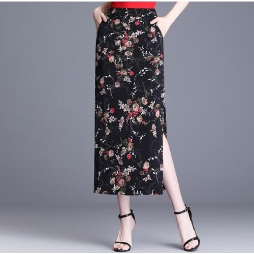 Half-length Sexy Hip Midi Skirts 2021 Summer Floral High Waist Chiffon Split Skirt Mid-length Super Ins One-step Skirt BSQ414