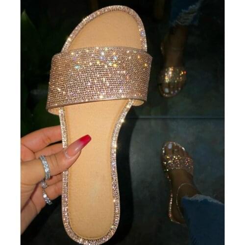 2020 Popular Shiny Crystal Women Party Seaside Slides Diamond Flat with Bling RhineStone Slip-on Shallow Beach Female Slippers