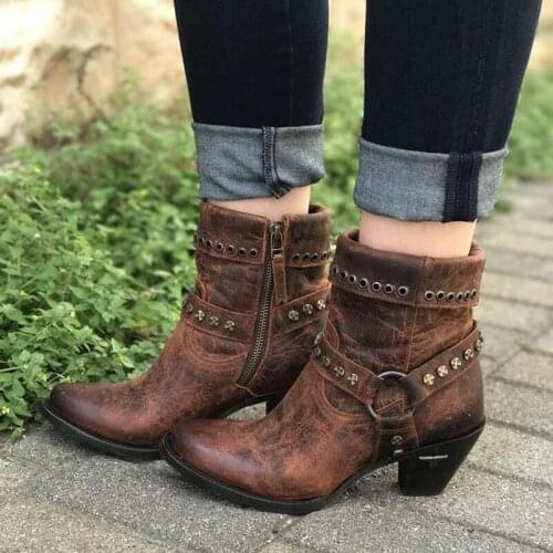 Women Ankle Boots Womens Fashion Rivet Shoes Women Leather Buckle Strap Ladies Chunky Heels Female Punk Rome Boots