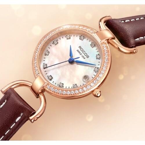 ROCOS New Arrival Ladys Shell Quartz Watch Waterproof Fashion Delicate Watch Leather Round Womens Wristwatch R0122L