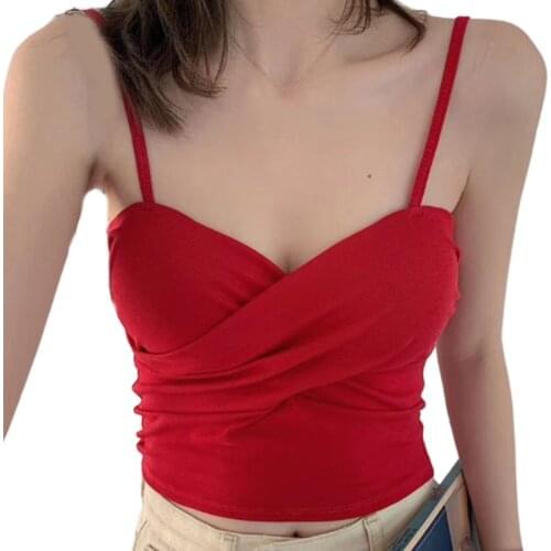 Women Summer Twisted Front Sleeveless Crop Top Sexy V-Neck Ribbed Knitted Camisole Push Up Padded Solid Color Elastic Sling Vest