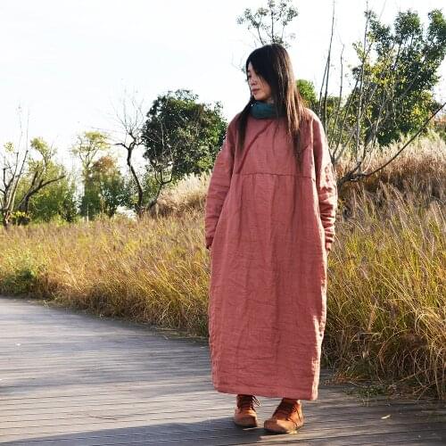 Women Autumn Winter Loose Padded Dress ladies Plus Size Solid Vintage Robe Dress Female Cotton Linen Dresses 2019 Oversize