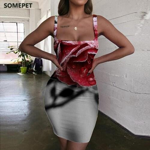 SOMEPET Rose flower Dresses Women Leaf Halter Sleeveless Cool Sundress Harajuku Bodycon Dress Womens Clothing Party Vintage Boho