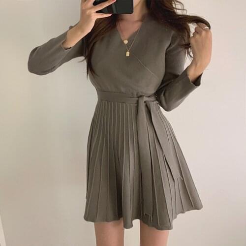 2020 Autumn Winter Women Casual Dress V-neck Single Breasted Belt Slim fit Fashion Mini Dress