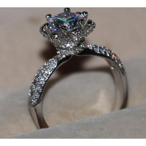 Women Handmade Fashion Jewelry 925 Sterling Silver Round Cut White Clear 5A CZ Zirconia Women Wedding Band Flower Ring Gift