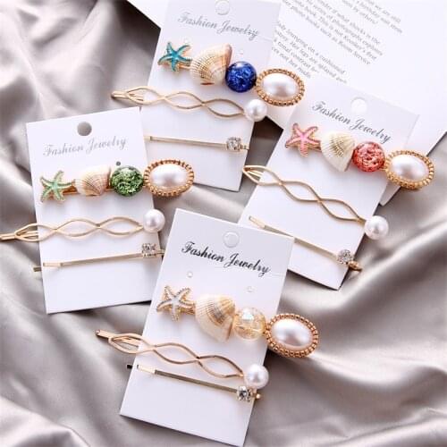 3pcs/set Fashion Shell Hair Accessories Imitiation Pearl Hair Clips Sea Star Crystal Hairpin Metal Acrylic Barrette Girls Gift