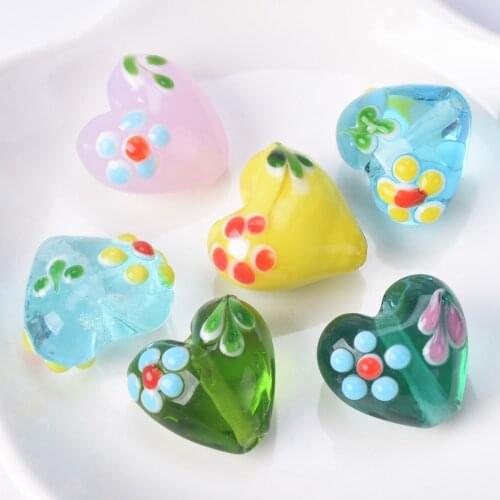 5pcs Love Heart Shape 16x14mm Flower Pattern Handmade Lampwork Glass Loose Beads for Jewelry Making DIY Crafts Findings