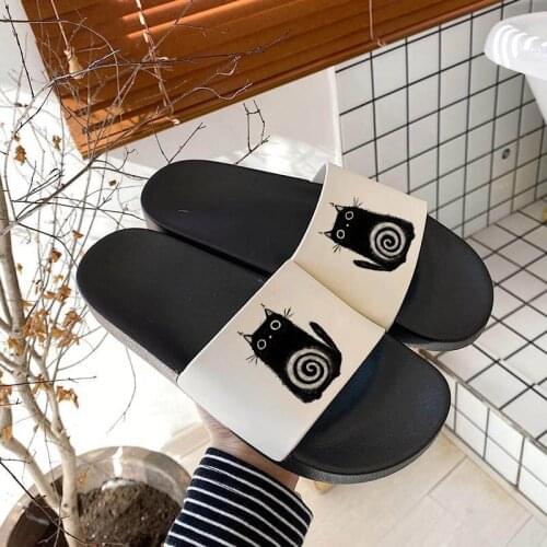 90S Girl Flat Shoes sandals 2021 women slippers black cat Harajuku graphics Print Lady slippers Summer Sandals for woman mujer