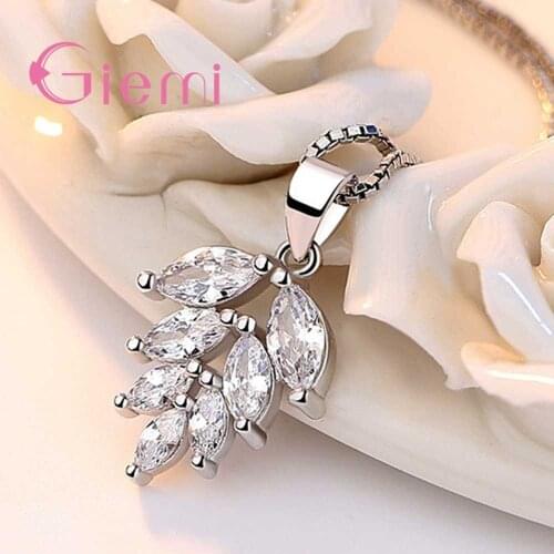 Shiny Women Girls Elegant 925 Sterling Silver Jewelry Gifts for Wedding Party Trendy Drop Leaf Crystal Necklace Pendant