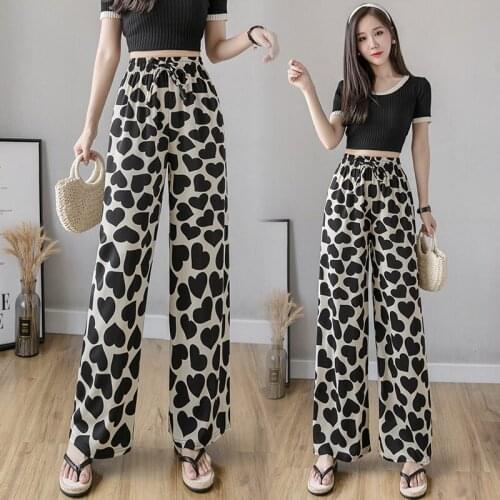 New Spring and Summer Harajuku Black Printed Pants Women High Waist Trousers Casual Chiffon Wide Leg Pants Streetwear aq743