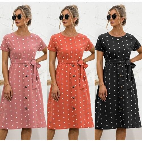 Elegant O-Neck Sundress With Belt Women Summer Beach Dress Chiffon Dress Casual Short Sleeve Polka Dot Midi Dress Femme Vestidos