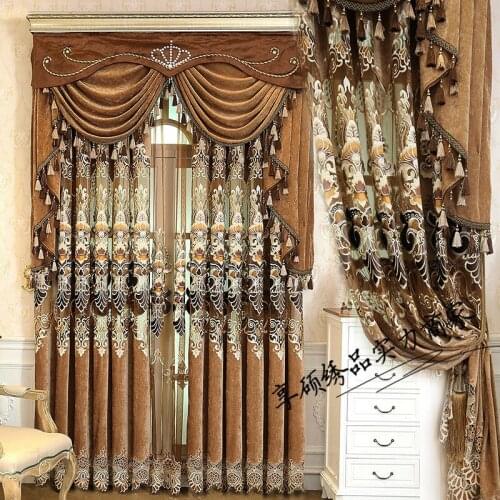 European Luxury Embroidery Curtains Tulle for Living Room Brown Curtains for Villa Semi Blackout Window Drapes