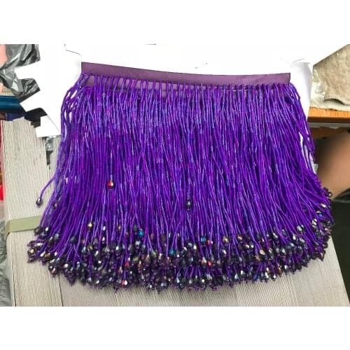 Purple Handmade 15cm wide beaded fringe trimming,5yard, about 270 beads threads/yard SGTM12