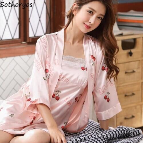 Women Summer Robe Gown Sets Cherry Printed Sweet Girls Sleepwear Bath Comfort Females Lounge Sexy Spaghetti Strap High Quality