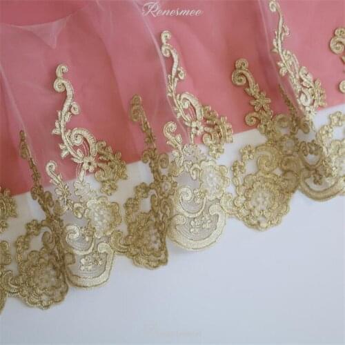 3Yards Light Gold Cord Ivory Tulle Embroidery Lace Trim for Bridal Wedding Gown Costume Design Lace Mesh 30cm SX342