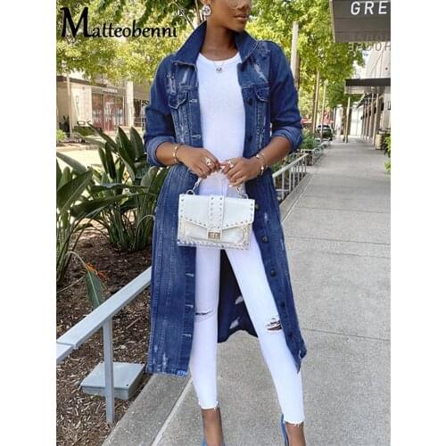 New Autumn Winter Women Jackets Ripped Denim Outwear Vintage Casual Long Jean Jacket Female Long Sleeve Coat Streetwear Oversize
