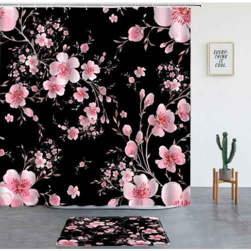 Pink Flower Print Shower Curtains Set Rug Bath Mats Cherry Blossoms Japanese-Style Black Bathroom Decor Screen Entrance Door Mat