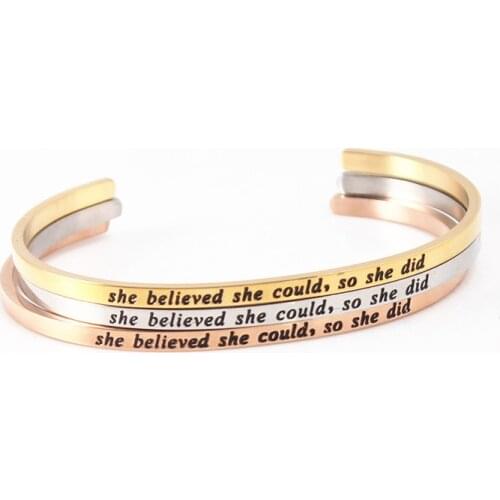 She Believed She Could, So She Did Customize Stainless Steel Inspirational Quote Cuff Mantra Bracelet Bangles for Women Men