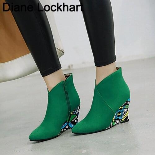 Autumn Winter Ankle Boot Women print Flock Leather Wedges High Heels Western Botas Pointed Toe Zipper Fashion Short Boots Woman