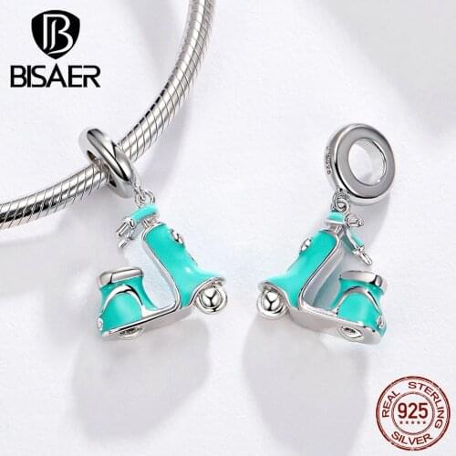 BISAER Vehicle Charms 925 Sterling Silver Electric Vehicle Green Blue Car Beads Charms fit Bracelets Silver 925 Jewelry ECC1201